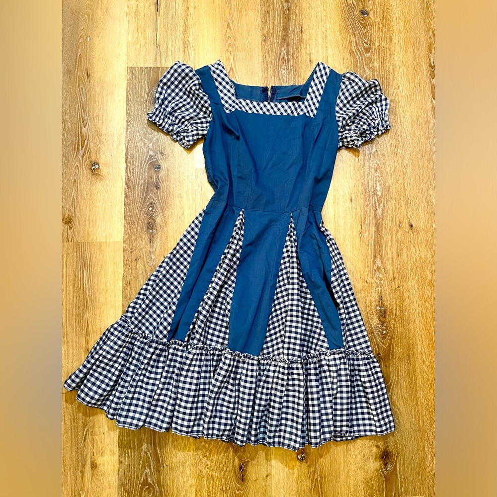 Cute vintage blue gingham check print dress cowgirl fair rodeo square dance S M - Picture 2 of 10